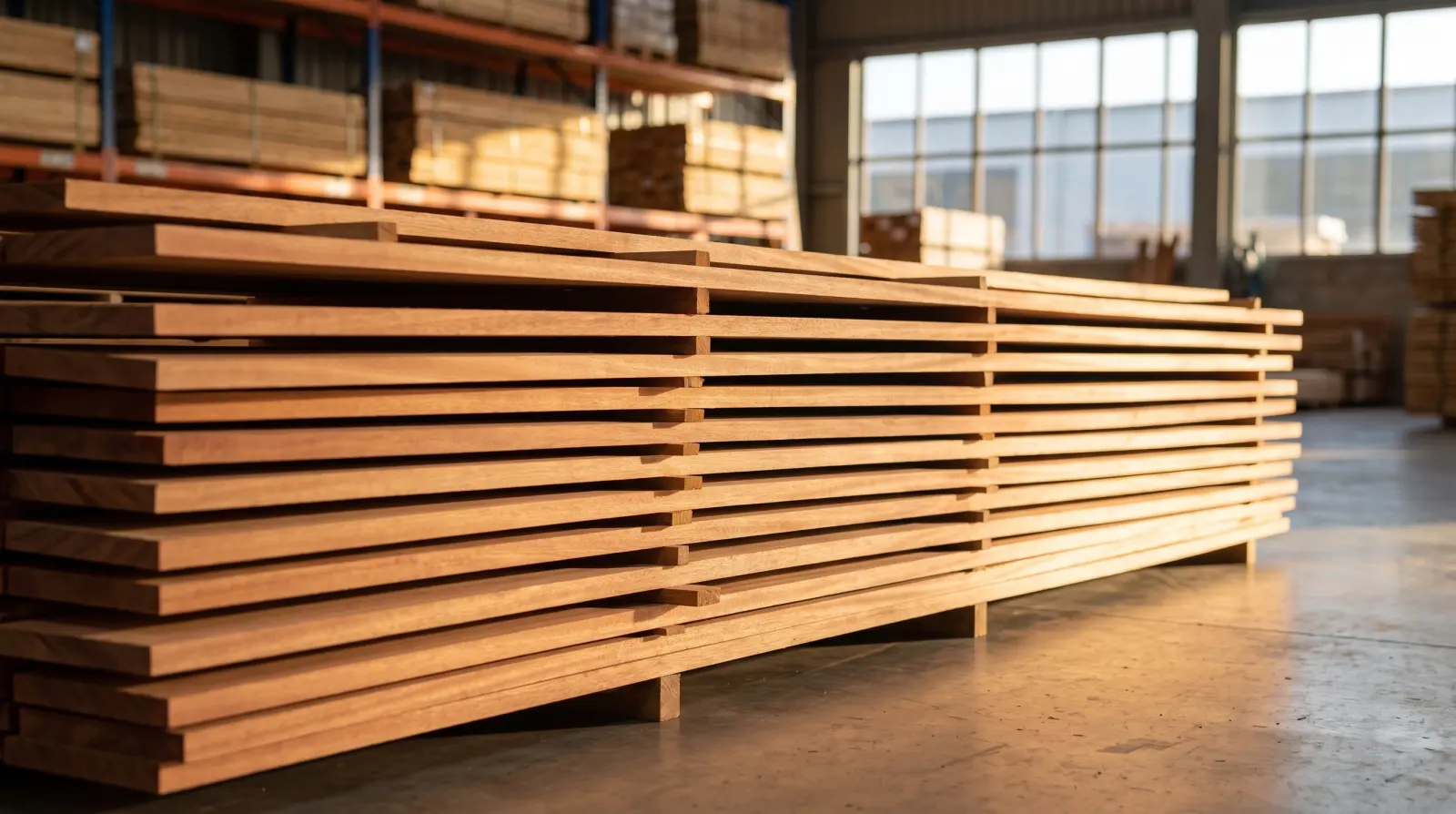 Sawn eucalyptus boards stacked and stickered